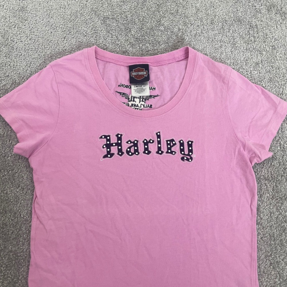 Harley Davidson T Shirt Womens Large Y2K Studded Graphic Biker Salt Lake Pink